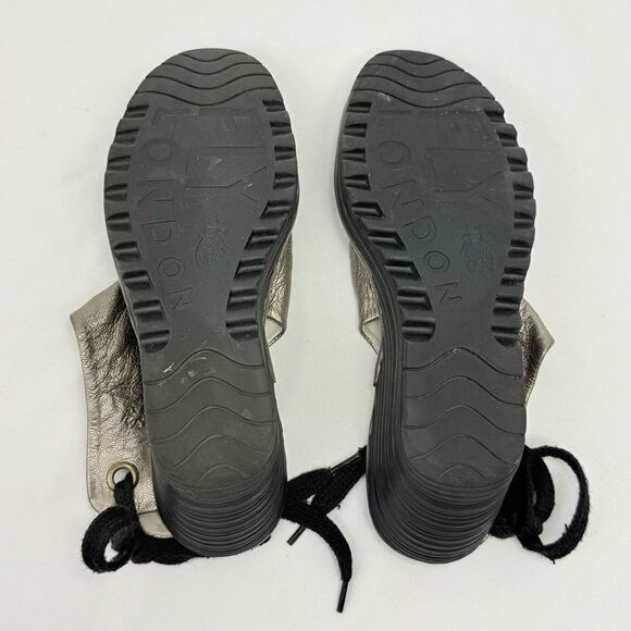 Fly London Yama Gold Metallic Ruched Leather Slingback Lace Up Chunky Wedges - Picture 11 of 12